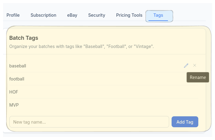 CardLuma Account Settings Tags tab showing batch tags for baseball, football, HOF, and MVP with options to rename, remove, or add new tags