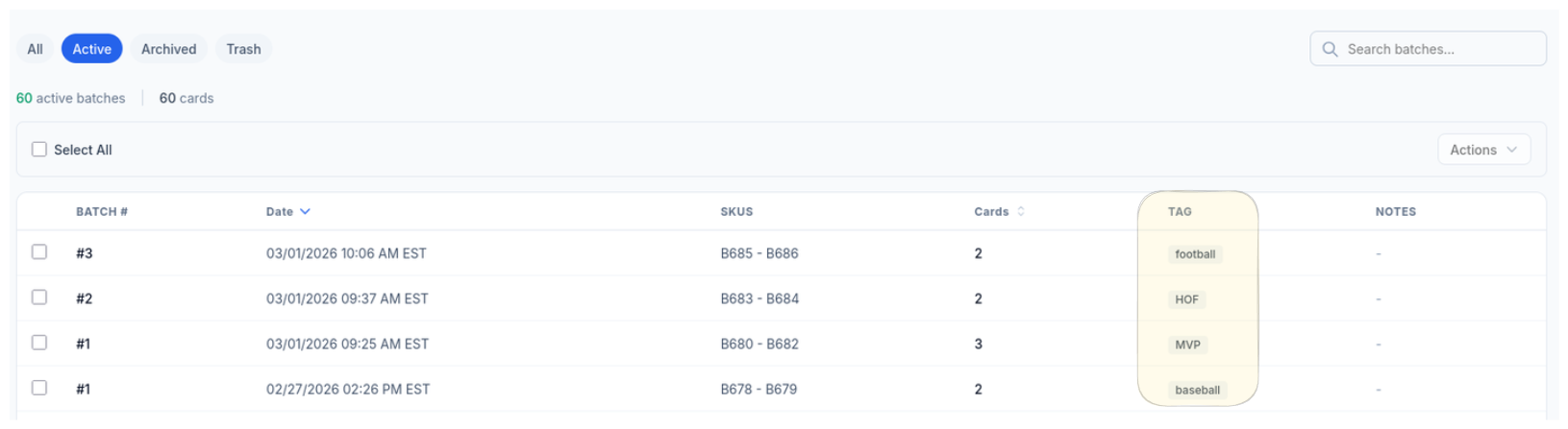 CardLuma active batches list showing 60 batches with Tag column displaying football, HOF, MVP, and baseball labels
