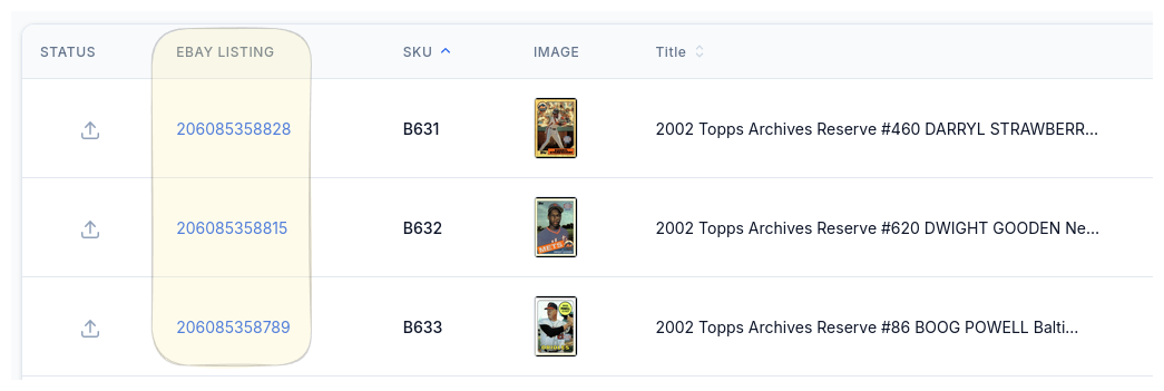 CardLuma batch card list showing eBay listing IDs linked back to each card after successful listing