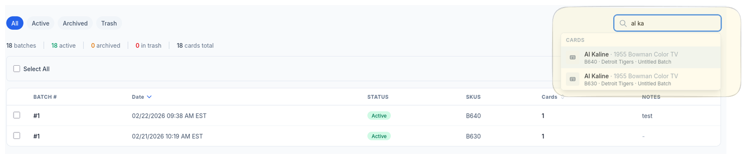 CardLuma batch search showing results for Al Kaline with matching cards across batches, displaying SKU, set, team, and batch name