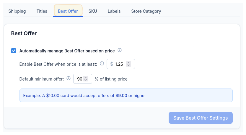 CardLuma Best Offer settings showing price threshold and minimum offer percentage configuration