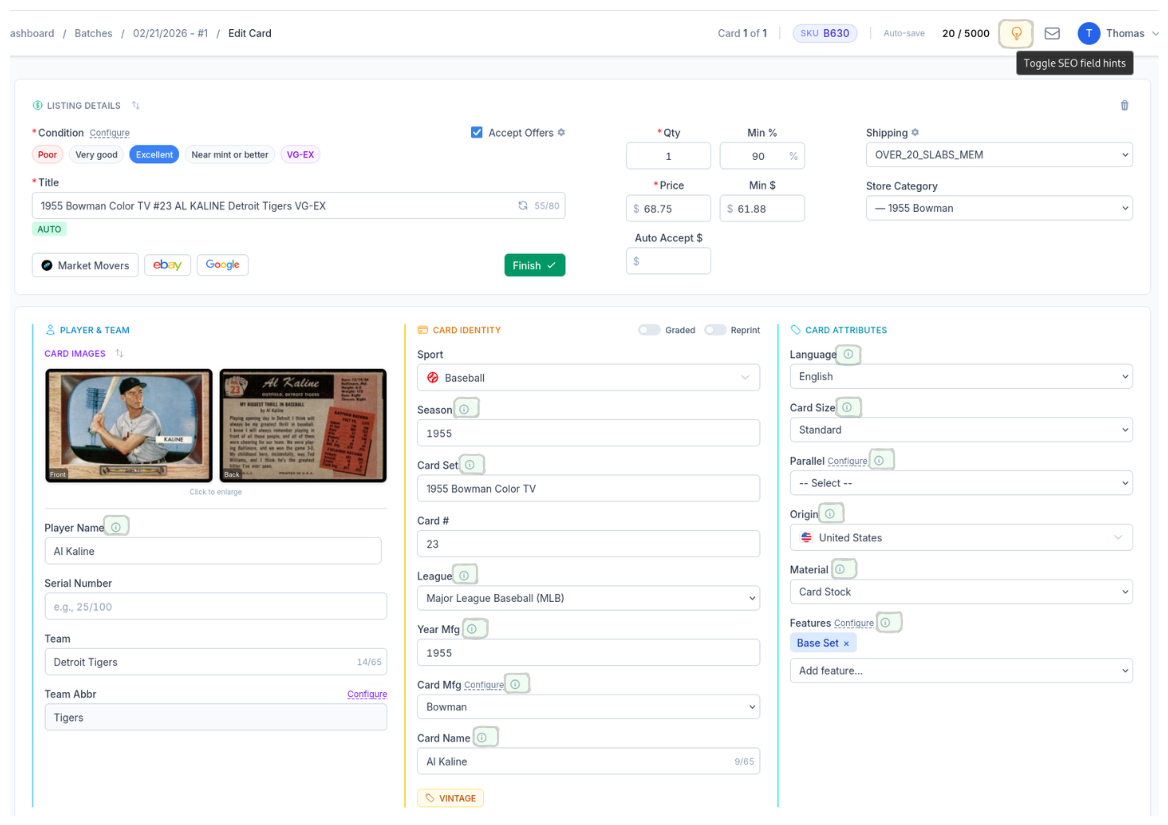 CardLuma full card edit screen showing a 1955 Bowman Al Kaline card with all SEO-relevant fields auto-populated including Sport, Season, Card Set, League, Player Name, Card Size, Parallel, Origin, Material, and Features