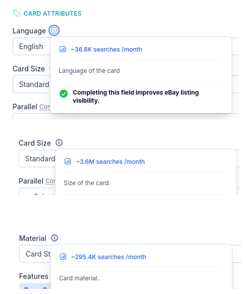CardLuma SEO field hints showing monthly eBay search volumes — Language at 36.8K searches, Card Size at 3.6M searches, and Material at 295.4K searches — with visibility improvement badges