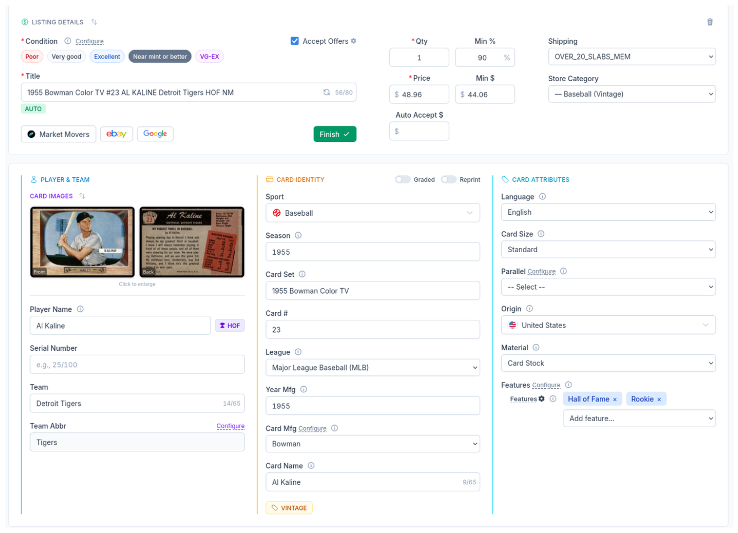 CardLuma 3-column card edit screen showing listing details, player info, card identity, and card attributes for a 1955 Bowman Color TV Al Kaline card