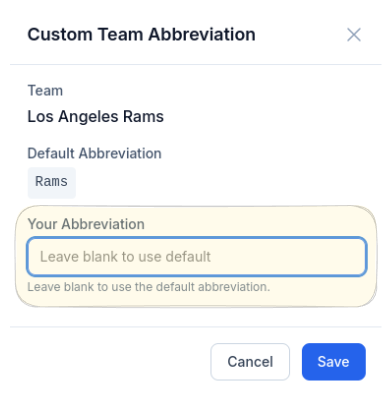 CardLuma Custom Team Abbreviation dialog showing the default abbreviation for Los Angeles Rams with an option to set your own