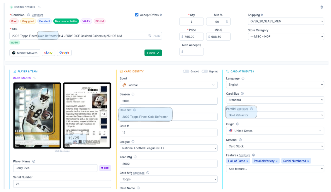 CardLuma card edit screen showing a 2002 Topps Finest Gold Refractor Jerry Rice with the Parallel field set to Gold Refractor, Parallel/Variety feature tag, and parallel name in the auto-generated title