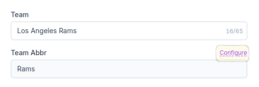 CardLuma card edit UI showing Team field with Los Angeles Rams and Team Abbr field with Rams, plus a Configure button