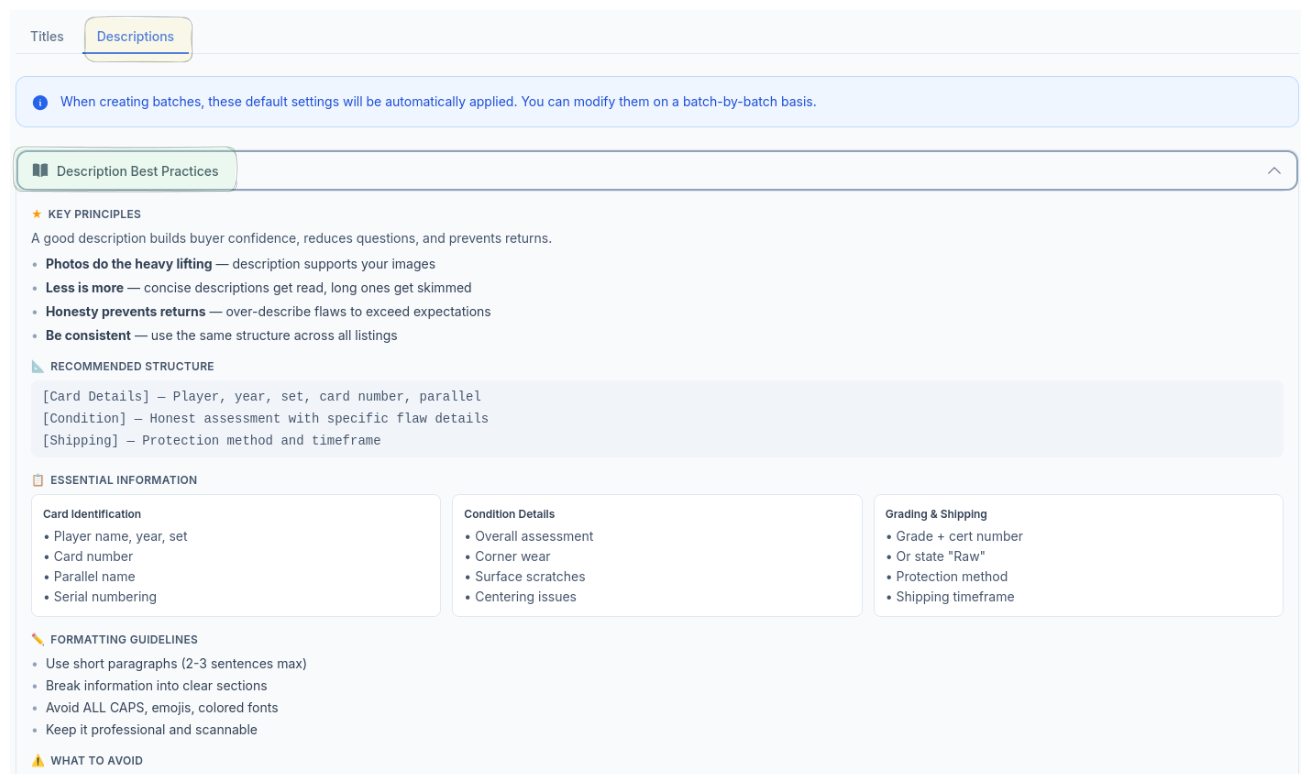 CardLuma built-in Description Best Practices guide showing key principles, recommended structure, essential information categories, and formatting guidelines
