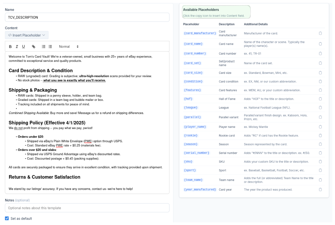 CardLuma description template editor showing a pre-built template with sections for Card Description and Condition, Shipping and Packaging, Shipping Policy, and Returns, alongside available placeholders panel