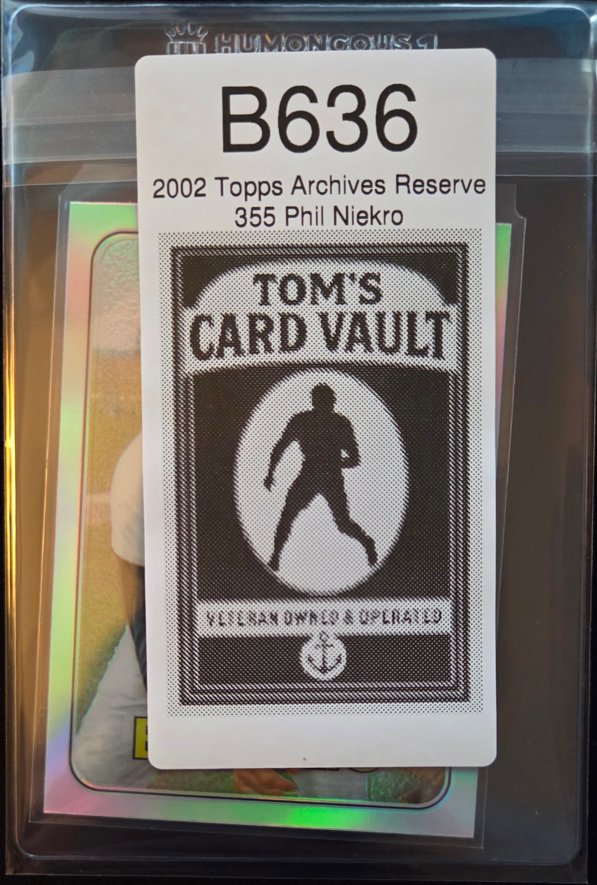 Printed SKU label on a sports card showing SKU B636, 2002 Topps Archives Reserve, 355 Phil Niekro with custom store logo
