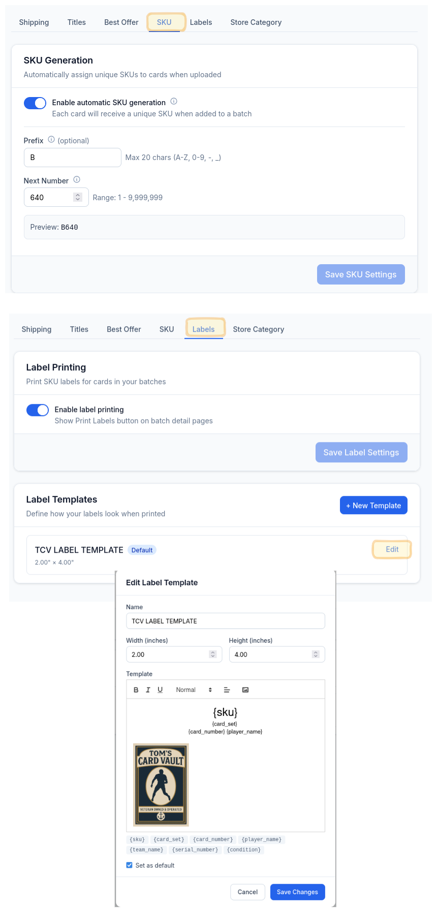 CardLuma SKU label template editor showing dynamic fields and label preview