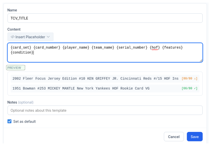 CardLuma title template editor showing placeholder content with live preview of two generated titles — a Ken Griffey Jr. at 80/80 characters and a Mickey Mantle at 66/80 characters