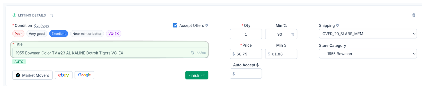 CardLuma card edit screen showing auto-generated title '1955 Bowman Color TV #23 AL KALINE Detroit Tigers VG-EX' at 55/80 characters with AUTO badge