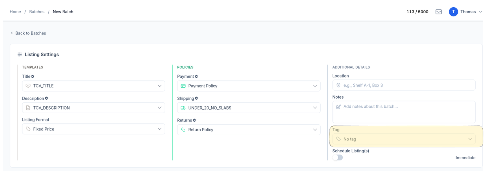 CardLuma new batch screen showing listing settings with a Tag dropdown in the Additional Details section