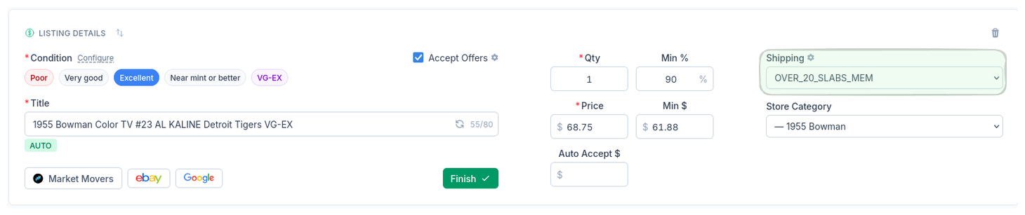 CardLuma card edit screen showing OVER_20_SLABS_MEM shipping policy auto-assigned on a $68.75 card based on automation rules
