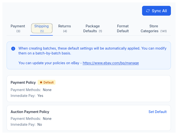 CardLuma shipping policy sync showing synced eBay shipping policies with Sync All button and default selection