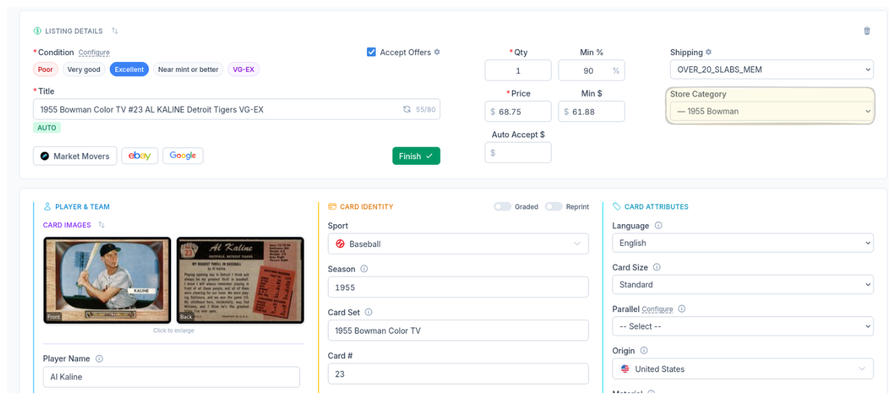 CardLuma card edit screen showing a 1955 Bowman Color TV Al Kaline card with Store Category automatically set to 1955 Bowman
